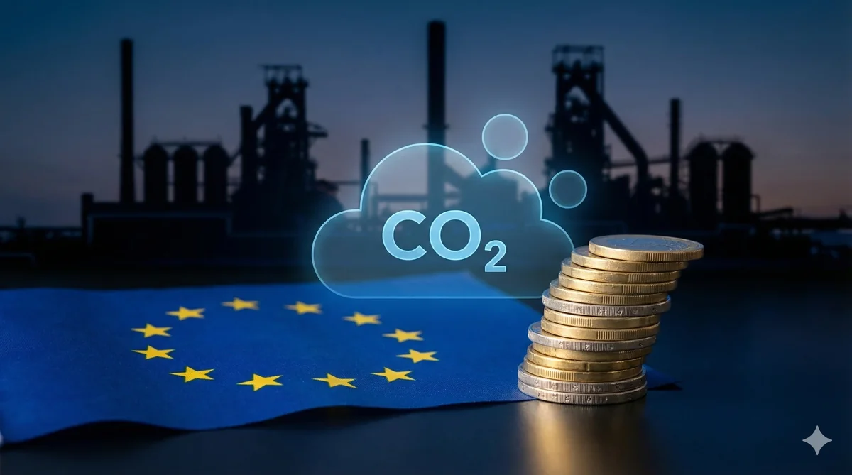 EU flag with Euro coins and CO2 cloud representing CBAM carbon pricing for foundry exports