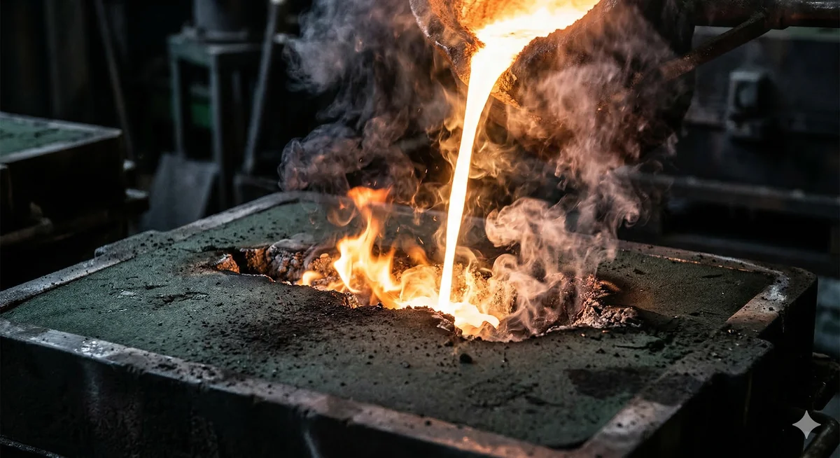 Coal dust combusting inside green sand mould as molten iron enters, showing gas and smoke generation