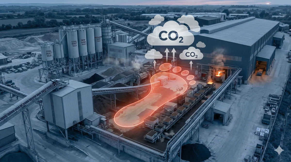 Aerial view of foundry with carbon footprint overlay showing CO2 emissions from green sand process