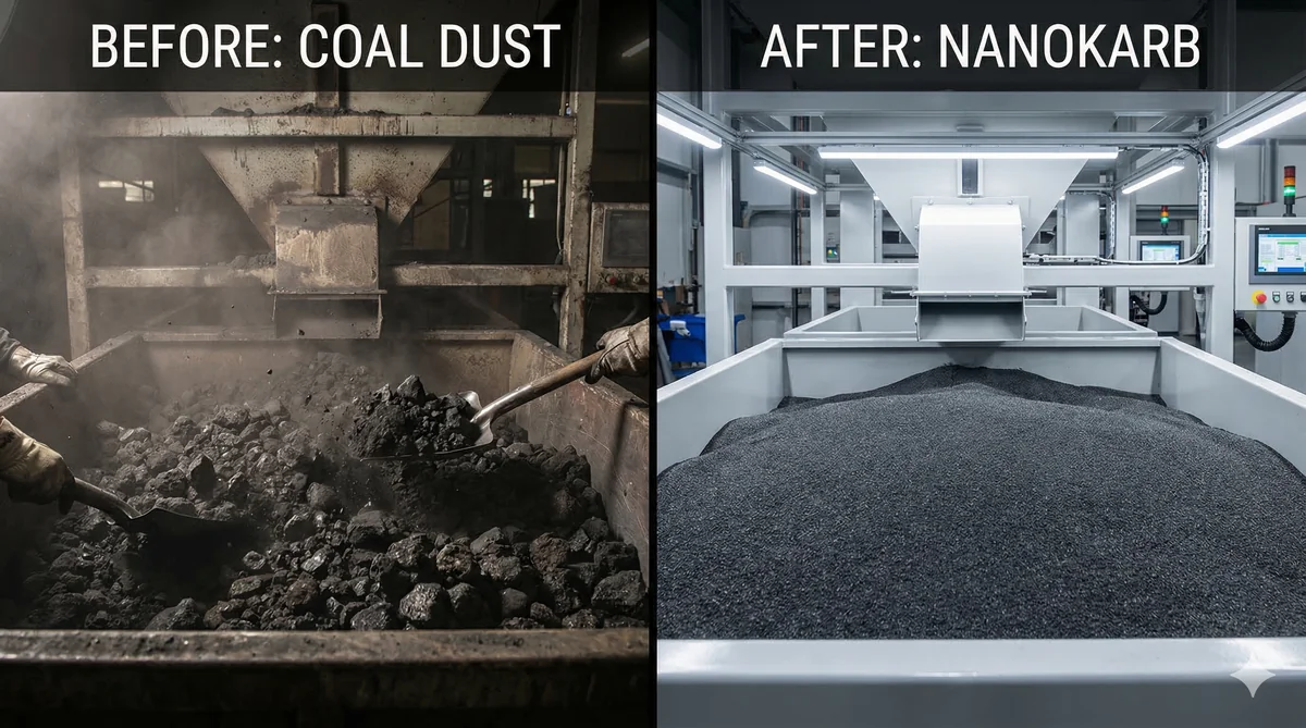Before and after: coal dust hopper versus clean Nanokarb hopper in a foundry sand plant