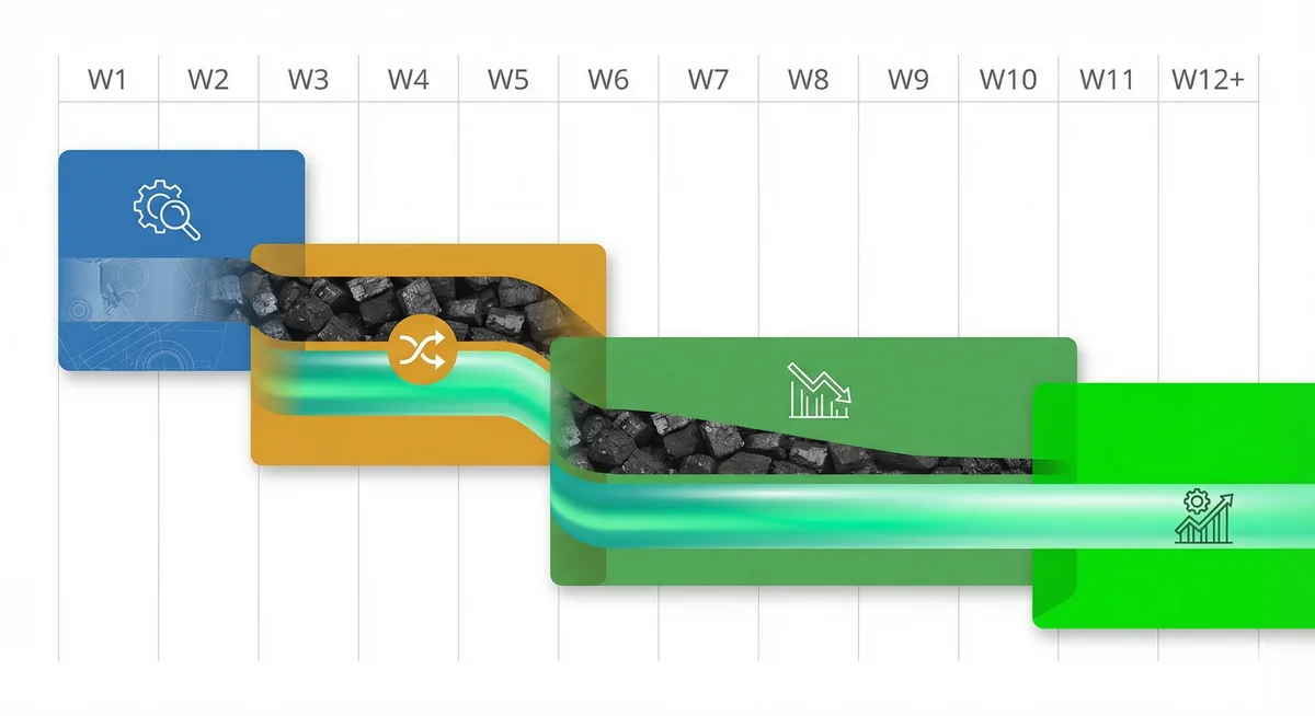 12-week phased transition timeline from coal dust to Nanokarb showing assessment, parallel dosing, phase-out, and steady state
