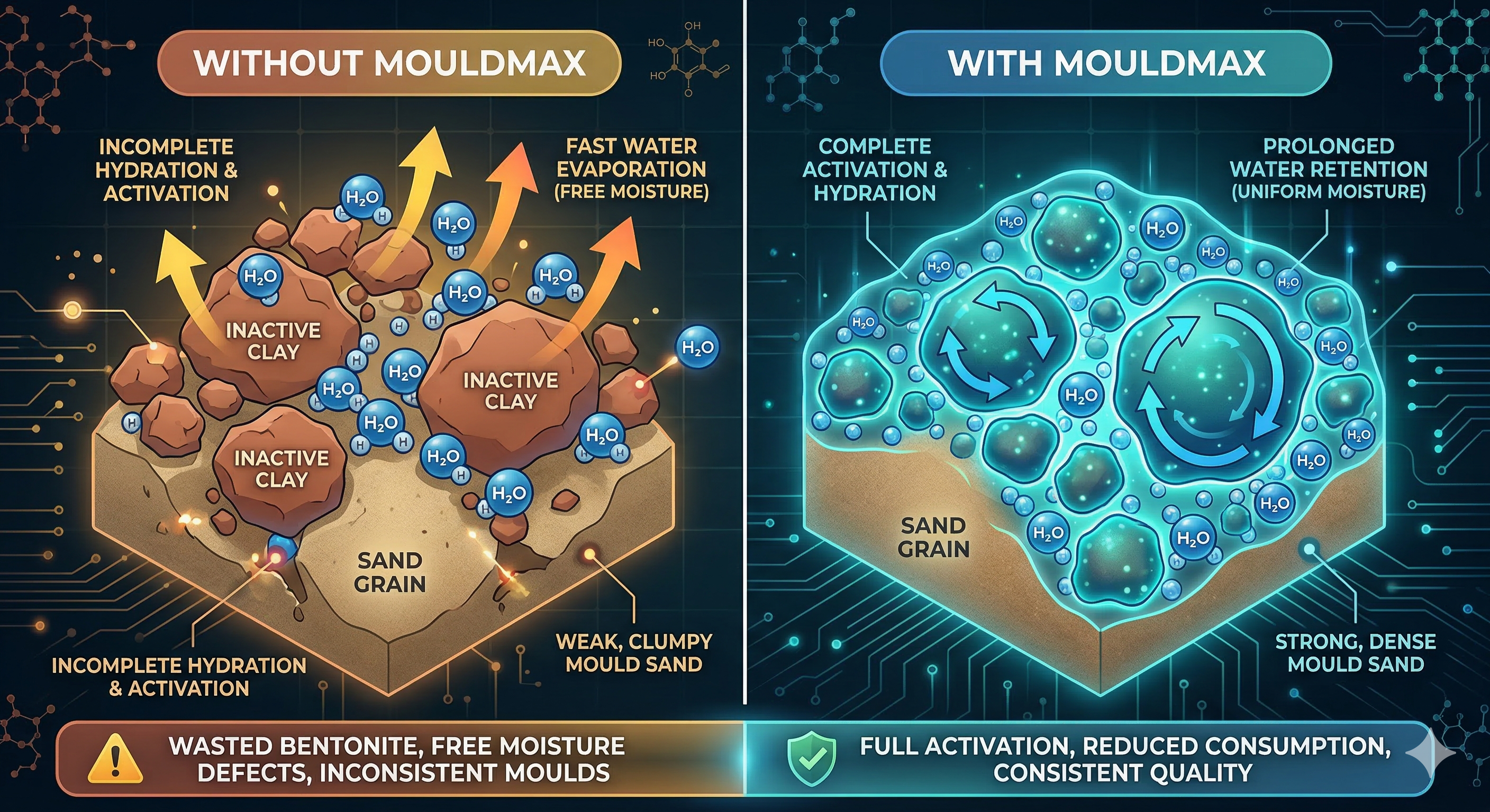 Side-by-side comparison of bentonite activation without vs with MouldMax
