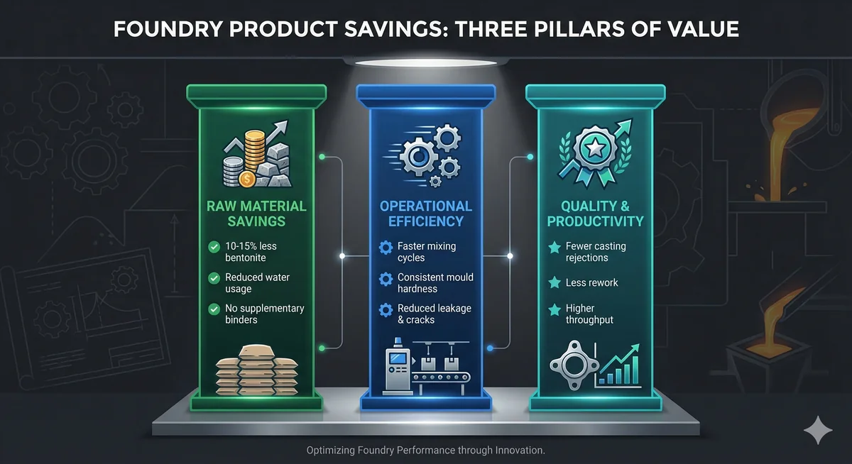 Three pillars of savings with MouldMax — raw material, operational, and quality