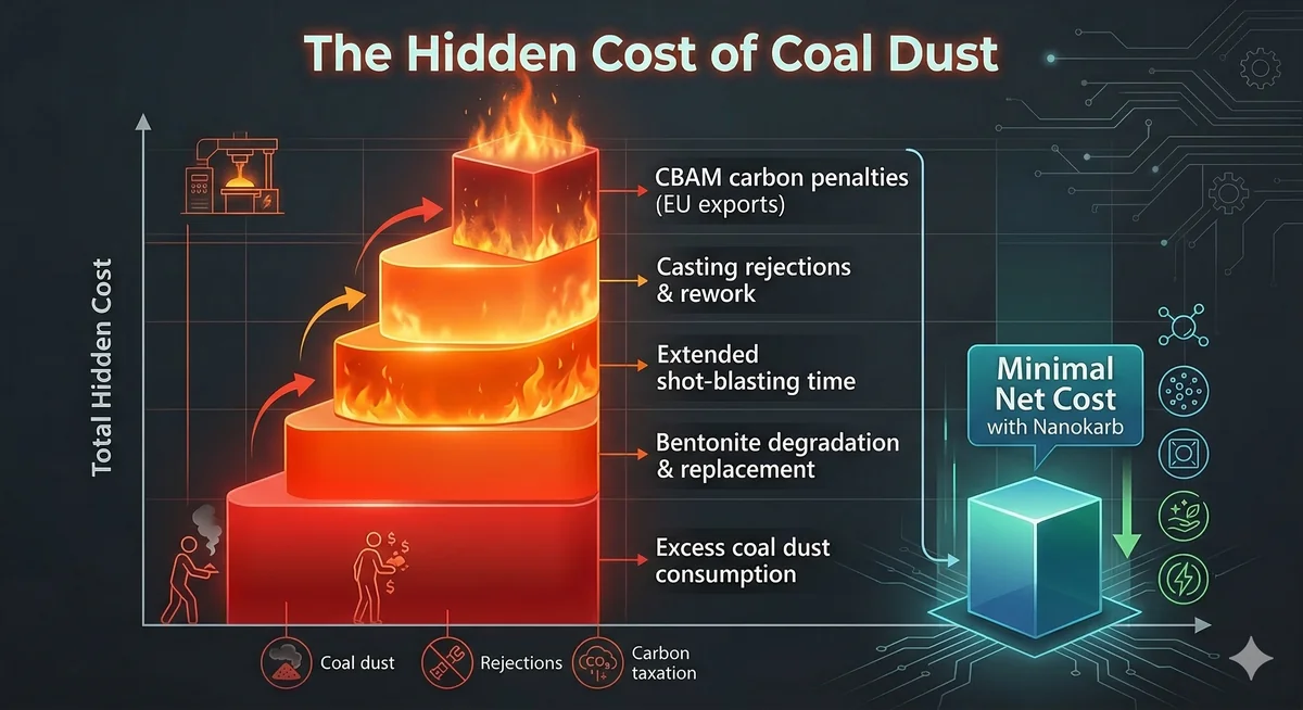Infographic showing the stacking hidden costs of continuing to use coal dust in foundries