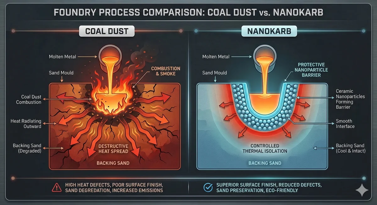 Coal dust combustion vs Nanokarb non-wetting barrier diagram
